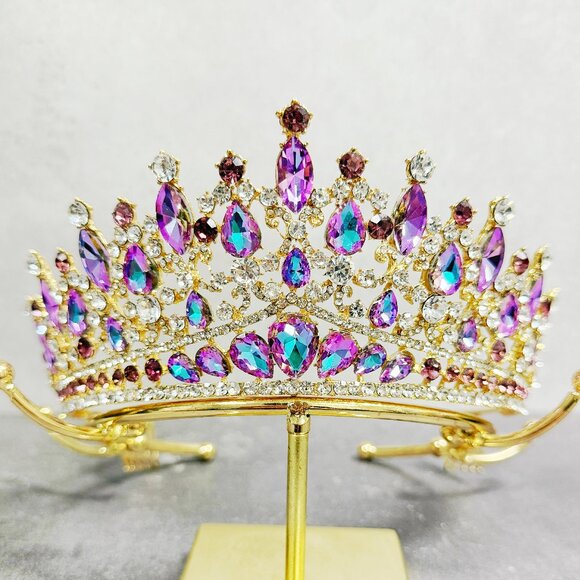 Purple Crystal Tiara, Gold comb tiara, vintage gold crown, Prom hair jewelry main image 4